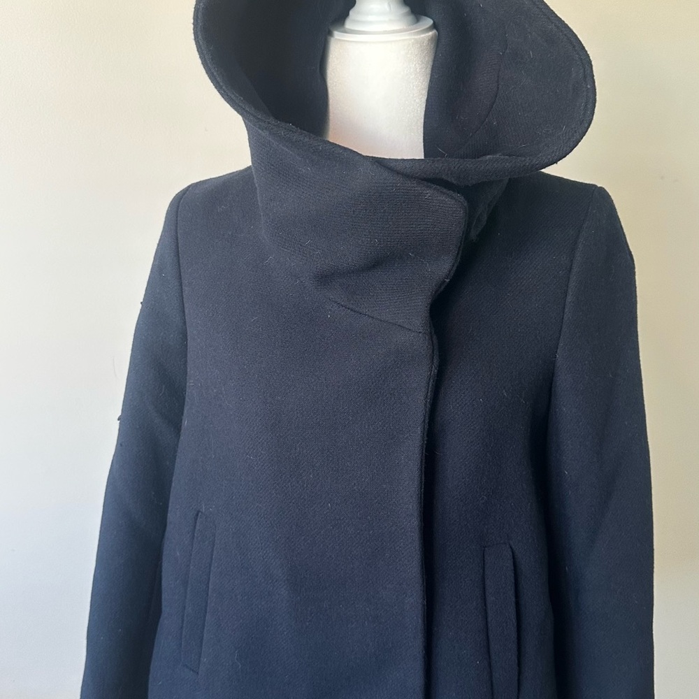 Zara Blue Pea Coat. Cropped, hooded/shawl, pokets.